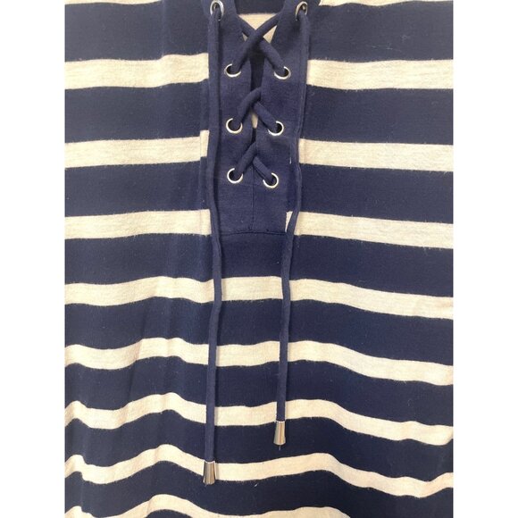 Navy & White Striped Cocomo Lace-Up L Tunic Top With Roll-Tab Sleeves Beach Casu - Picture 2 of 4
